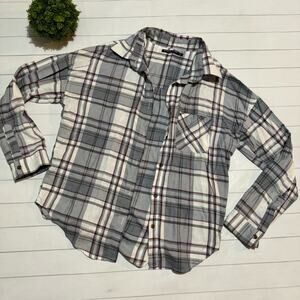 Brandy Melville Purple Gray White Plaid Oversized Button Front Flannel‎ Shirt